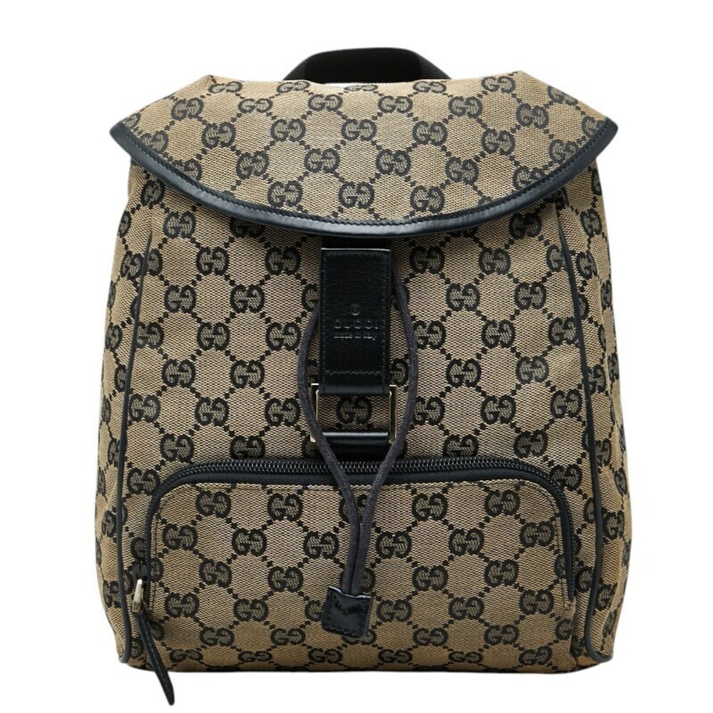 Gucci GG Canvas Backpack Rucksack Drawstring Bag Leather Beige Black